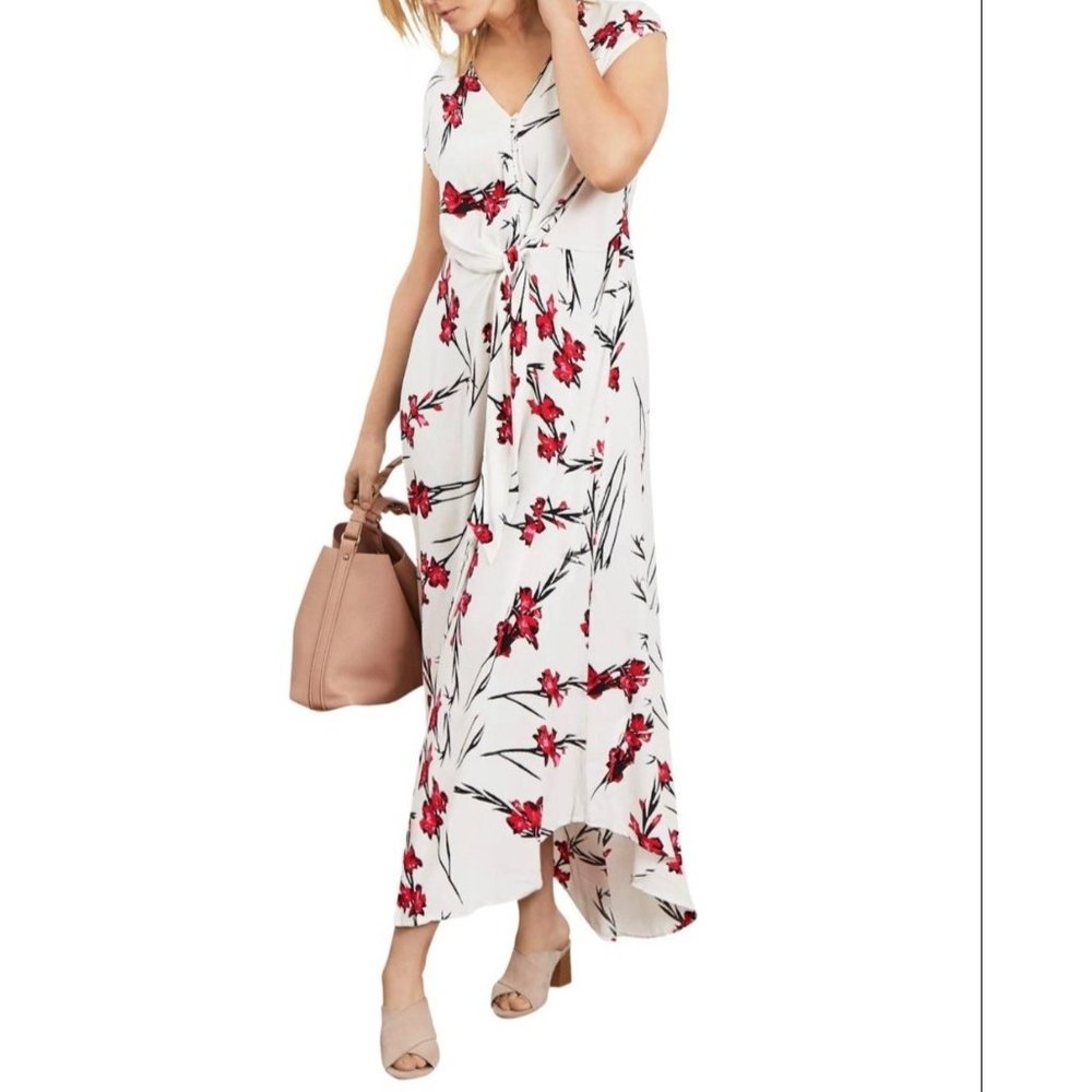 Ellos Maxi Dress Women’s 24 Tie Front White Red Floral Short Sleeve A- Line